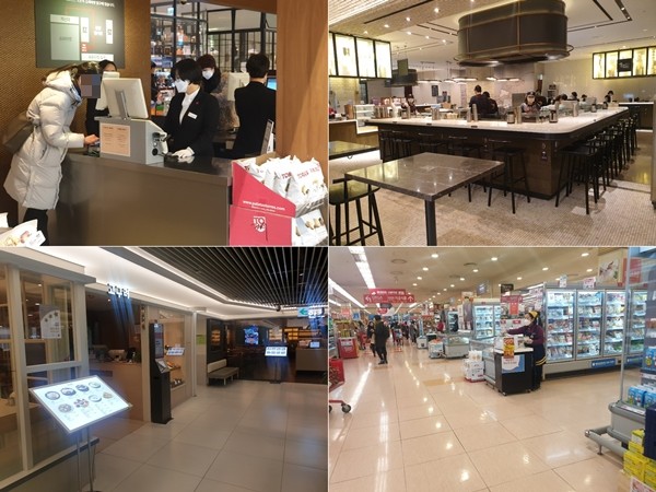 31일 신세계백화점 본점 지하 1층 식품매장 직원이 마스크를 착용하고 계산하는 모습(위) 및 한산한 롯데백화점 본점 식당가 모습과 롯데마트 서울역점 모습.