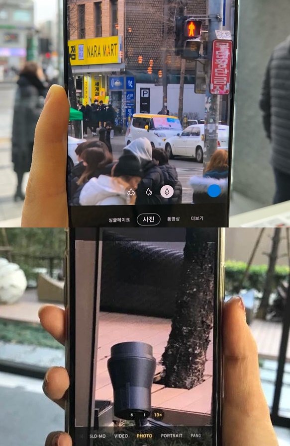 ▲갤럭시S20 울트라의 '광학 10배 줌'(위)과 아이폰11 프로의 '디지털 10배 줌'을 사용해 창 밖 풍경을 찍은 사진ⓒ소비자가만드는신문