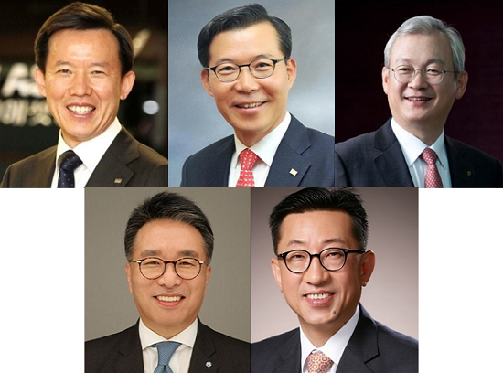 ▲(왼쪽상단부터 시계방향) 최현만 미래에셋대우 대표, 조웅기 미래에셋대우 대표, 정영채 NH투자증권 대표, 고원종 DB금융투자 대표, 서명석 유안타증권 대표