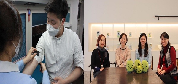 ▲남양유업 직원의 헌혈 모습(왼쪽), 취약계층을 위해 성금을 기탁한 직원들