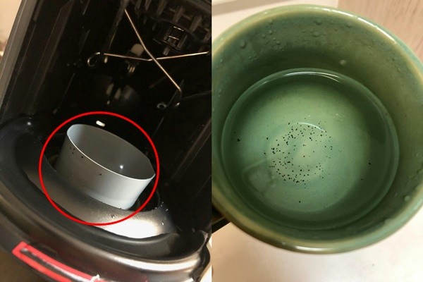 ▲기계에서 발견된 커피찌거기(왼)와 수차례 자동세척했음에도 컵에 나온 이물질