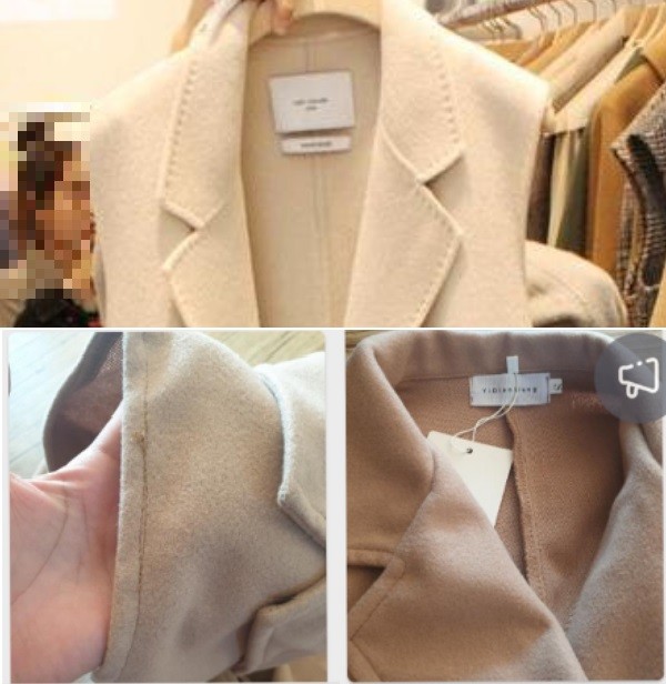 ▲광고사진(위쪽)과 실제 제품의 박음질 상태나 택 부분 등이 다르다.