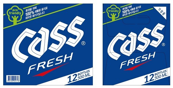 ▲100% 재활용 용지로 제작한 카스 500ml 병맥주 포장상자 앞면(왼쪽)과 옆면