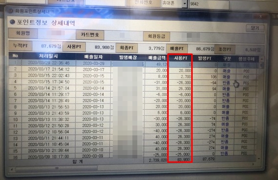 ▲지난 3월 포인트 사용내역 확인 결과 김 씨의 포인트는 이번에도 B매장에서 사용된 상태였다.