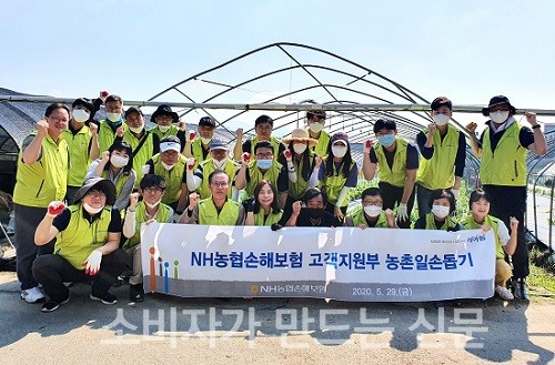 ▲ NH농협손해보험 고객지원부문 임직원은 29일, 경기도 남양주시 소재 화훼농가를 찾아 영농철 농촌 일손돕기를 실시했다. 문봉호 고객지원부문 부사장(사진 첫째줄 왼쪽에서 세 번째)과 고객지원부문 직원들이 일손돕기에 앞서 기념촬영을 하고 있다.