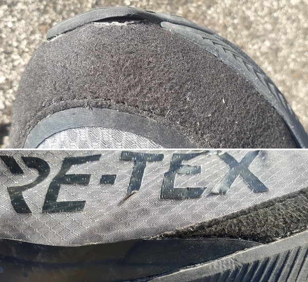 ▲착화 열흘 만에 운동화 앞 코(위쪽)가 벌어지기 시작했고 신발 옆 면의 글자도 떨어지기 시작했다.