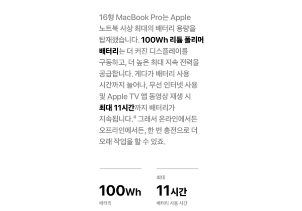 ▲애플스토어 홈페이지에 따르면 맥북 프로 16인치 배터리 사용시간은 최대 11시간이다.