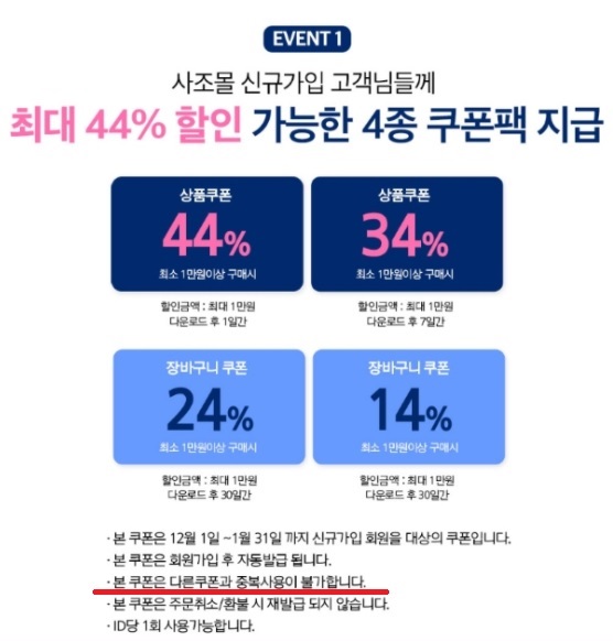 ▲이벤트에는 쿠폰 중복 사용이 불가하다고 돼 있다.