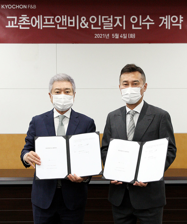 ▲소진세 교촌에프앤비 회장(왼쪽)과 조원호 인덜지 대표