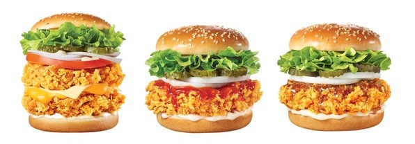 ▲맘스터치가 올해 4월 1일자로 출시한 시즌 제품 '싸이페스티벌' 3종. (왼쪽부터) 싸이플렉스 버거, 양념치킨싸이버거, 간장마늘싸이버거