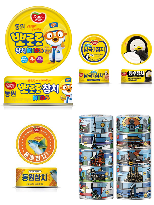▲동원F&B는 뽀로로참치(2018.11, 왼쪽 위부터)와 남극펭귄참치·펭수참치(2020.01), 동원참치 레트롯 캔(2020.07), 동원참치 아트캔(2020.06) 등 리뉴얼 제품을 잇따라 선보였다. 