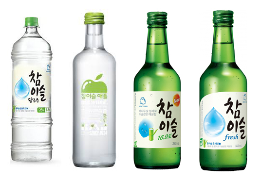 ▲(왼쪽부터)참이슬 담금주, 참이슬 애플, 참이슬 16.9, 더깨끗한참이슬