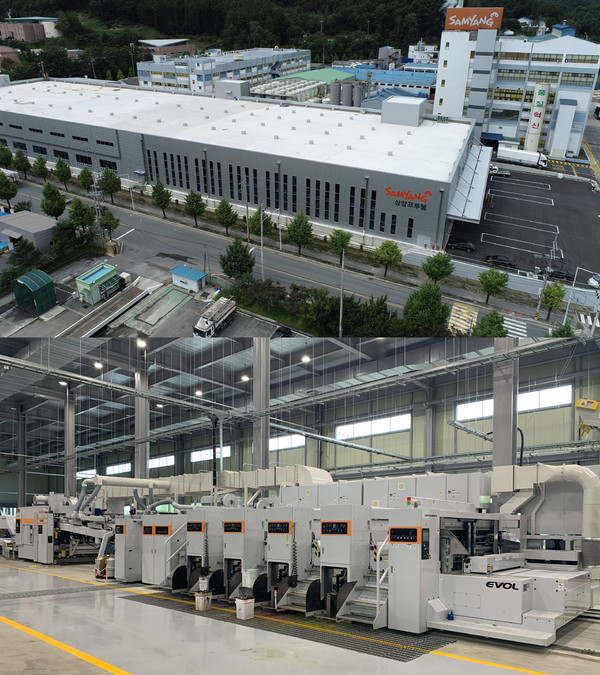 ▲삼양프루웰 원주공장 전경(위), 삼양프루엘 원주공장에 신규 도입된 일본 미쓰비시 후렉소인쇄기(아래)