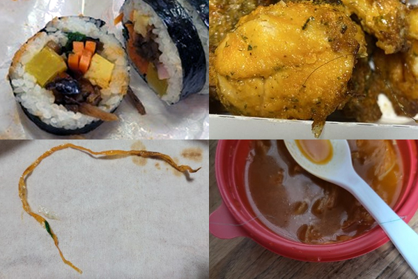 ▲(왼쪽 윗줄부터 시계방향) 배달 주문한 김밥에서 나온 벌레, 배달 치킨에서 나온 머리카락, 배달 김치찌개에서 발견된 기다란 플라스틱 실, 짜장면을 먹던 중 발견된 비닐 랩 조각