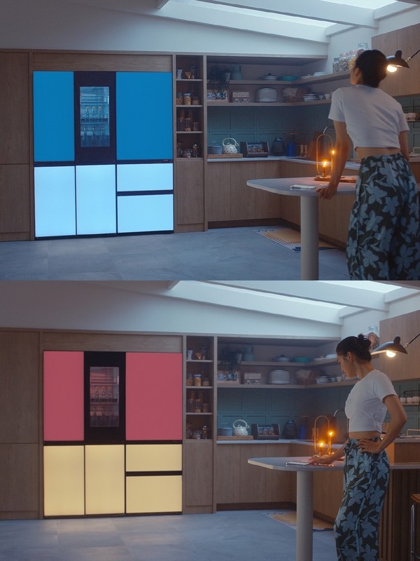 ▲모델이 LG 씽큐 앱에서 터치만으로 냉장고 색상을 변경하고 있다.