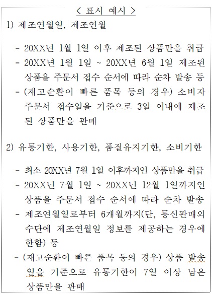▲'전자상거래 등에서의 상품 등의 정보제공에 관한 고시'에 따른 유통기한을 표시하는 예시