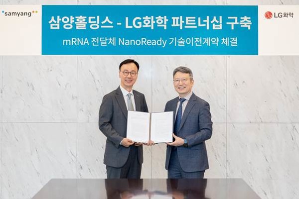 삼양홀딩스 이영준 대표(왼쪽)와 LG화학 손지웅 생명과학사업본부장