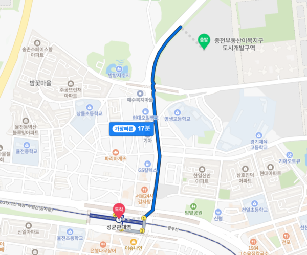 ▲북수원이목지구 디에트르 더 리체 2차에서 1호선 성균관대역까지 도보 거리