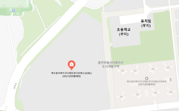 ▲북수원이목지구 디에트르 더 리체 1, 2단지에 들어서는 유치원·초등학교 부지