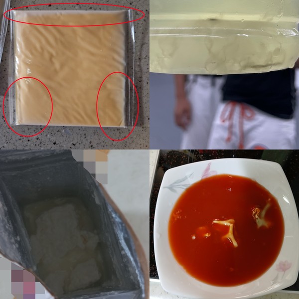 ▲(왼쪽 상단부터 시계방향으로) 치즈에 핀 곰팡이, 음료에 생긴 부유물, 토마토 주스에 생긴 덩어리, 멸균 우유에 생긴 덩어리
