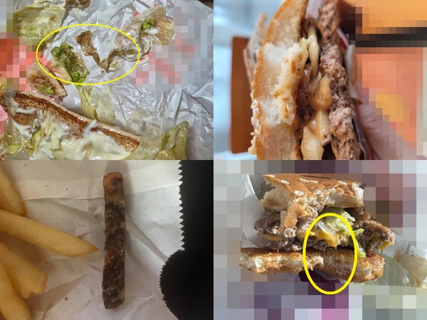 ▲(왼쪽 위부터 시계방향으로)햄버거에 들어간 음식물쓰레기 수준의 양상추, 광고와 달리 패티 두께가 얇은 햄버거, 실 같은 이물이 들어간 햄버거, 상한 감자로 튀긴 감자튀김