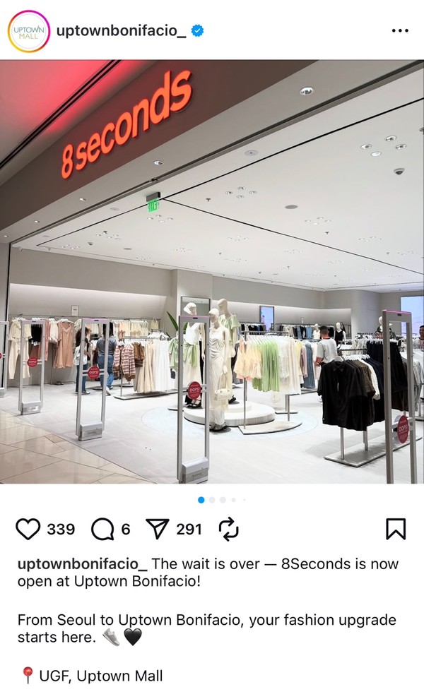 ▲에잇세컨즈가 최근 필리핀 보니파시오 글로벌 시티에 위치한 업타운몰에 필리핀 2호점을 오픈했다. 사진=보니파시오 업타운몰 공식 인스타그램 갈무리.