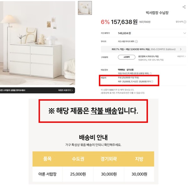 ▲SSG닷컴 입점 업체 가구 상품이 무료배송으로 기재돼있으나 하단 상세설명에 착불 배송 안내 문구를 별도로 고지하고 있다.