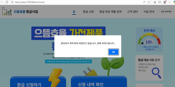 ▲'으뜸효율 가전 환급사업' 공식 홈페이지에 접속자 폭주 안내창이 뜨고 있다