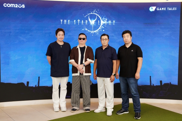 ▲(왼쪽부터) 정준호 아트 디렉터, 남구민 사운드 디렉터, 한지훈 컴투스 게임사업부문장, 정성환 게임테일즈 대표