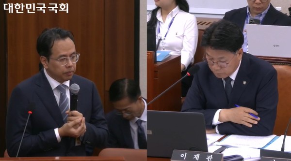 ▲김범석 우아한형제들 대표가 이재관 민주당 의원 질문에 답변하고 있다.