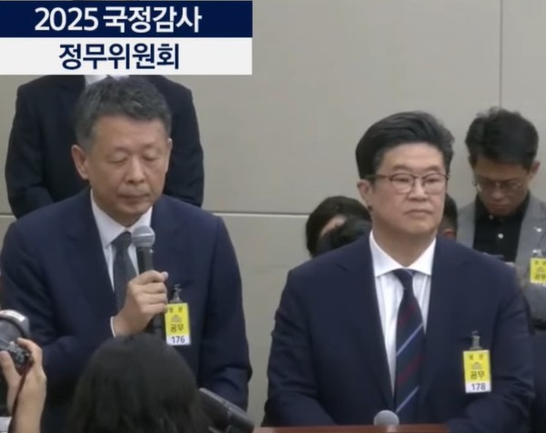 14일 열린 국회 정무위원회의 국정감사에 증인으로 출석한 MBK파트너스 김병주 회장(오른쪽)