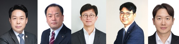 ▲(왼쪽부터) 김영범 코오롱글로벌 대표, 김민태 코오롱인더스트리  FnC부문 대표, 최현석 코오롱모빌리티그룹 대표, 전승호 코오롱티슈진 대표, 안상현 코오롱스페이스웍스 대표. 사진=코오롱