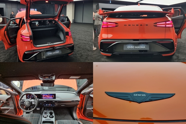 ▲GV60 마그마는 시트,콘솔,커버,도어 암레스트 등에 샤무드 소재가 적용됐고 블랙 컬러의 앰블럼을 탑재했다