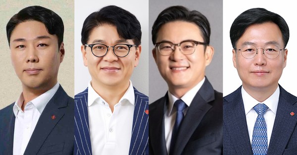 ▲(왼쪽부터) 정현석 롯데쇼핑 백화점사업부 대표이사(내정) 부사장, 차우철 롯데쇼핑 마트사업부 대표이사 겸 슈퍼사업부 대표이사(내정) 사장, 서정호 롯데웰푸드 대표이사(내정) 부사장, 오일근 롯데건설 대표이사(내정) 부사장