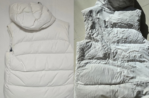 ▲세탁 전(왼쪽) 멀쩡했던 패딩이 세탁 후 쪼글쪼글해져 입지 못할 상태가 됐다