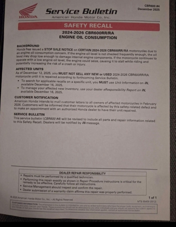 ▲혼다 미국법인이 딜러사에 전달한 자료에 따르면 CBR600RR은 지난 1일부터 공식 판매를 중단한 모델로 확인된다.