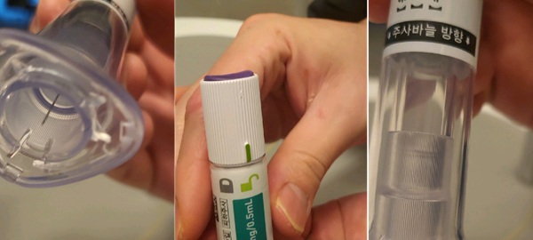 박 씨의 제보 영상 갈무리, 마운자로를 주입하려 했으나 바늘만 나왔고 약물이 나오지 않았다. (왼쪽부터) 주입 버튼을 눌러 나온 바늘, 해제된 잠금장치, 약물 주입이 끝나면 나오는 회색 플런저(압력 밀대)가 보이지 않는 하단부
