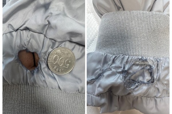 ▲소매에 500원짜리 동전만 한 구멍이 난 패딩. 사진=제보자