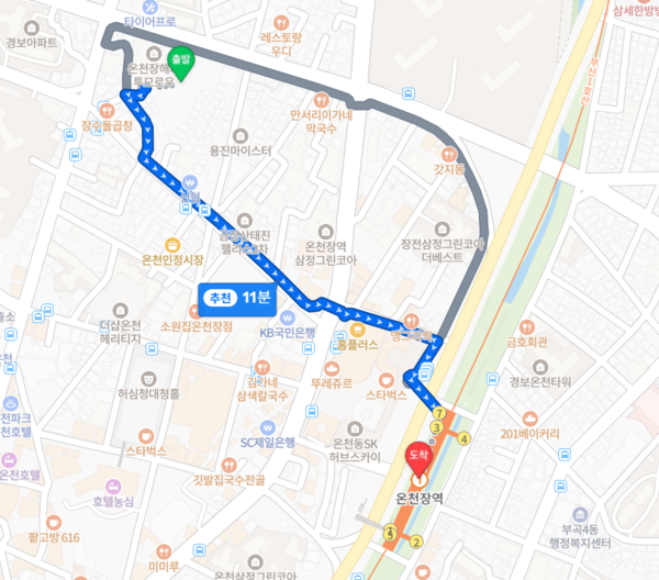 ▲금정산 하늘채 루미엘에서 부산1호선 온천장역까지 도보 거리