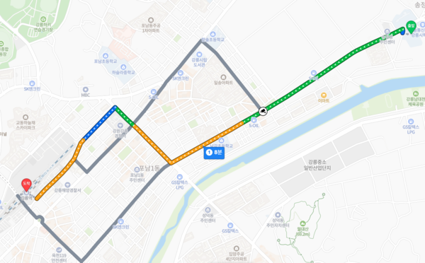 ▲강릉 우미린 더 프리미어에서 KTX 강릉역까지 자차 거리