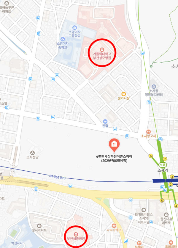 ▲e편한세상 부천 어반스퀘어 인근 부천세종병원과 가톨릭대 부천성모병원