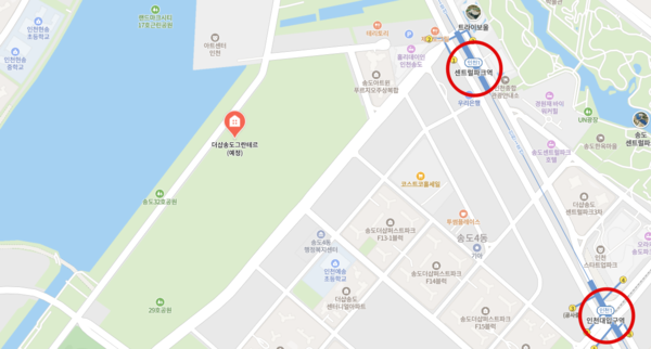 ▲더샵 송도그란테르 인근 인천1호선 센트럴파크역과 인천대입구역