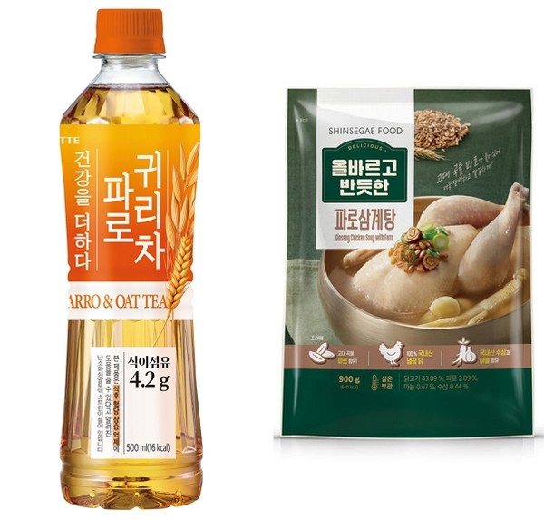▲롯데칠성음료 '더하다 파로귀리차'(왼쪽), 신세계푸드 '올바르고 반듯한 파로삼계탕' 