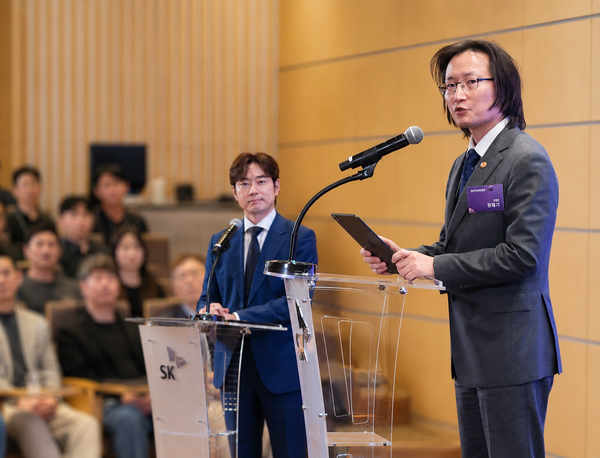 ▲주병기 공정거래위원장이 2일 오후 서울 중구 SK텔레콤 수펙스홀에서 열린 SK-협력사-공정거래위원회 상생협약 체결식에서 축사를 하고 있다. 사진=이범희 기자