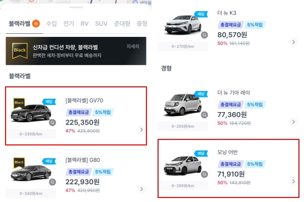 ▲쏘카에서 '차 배달' 이용 시 최고가 '블랙라벨' 중 가장 비싼 상품이 최상단에 노출됐다. 